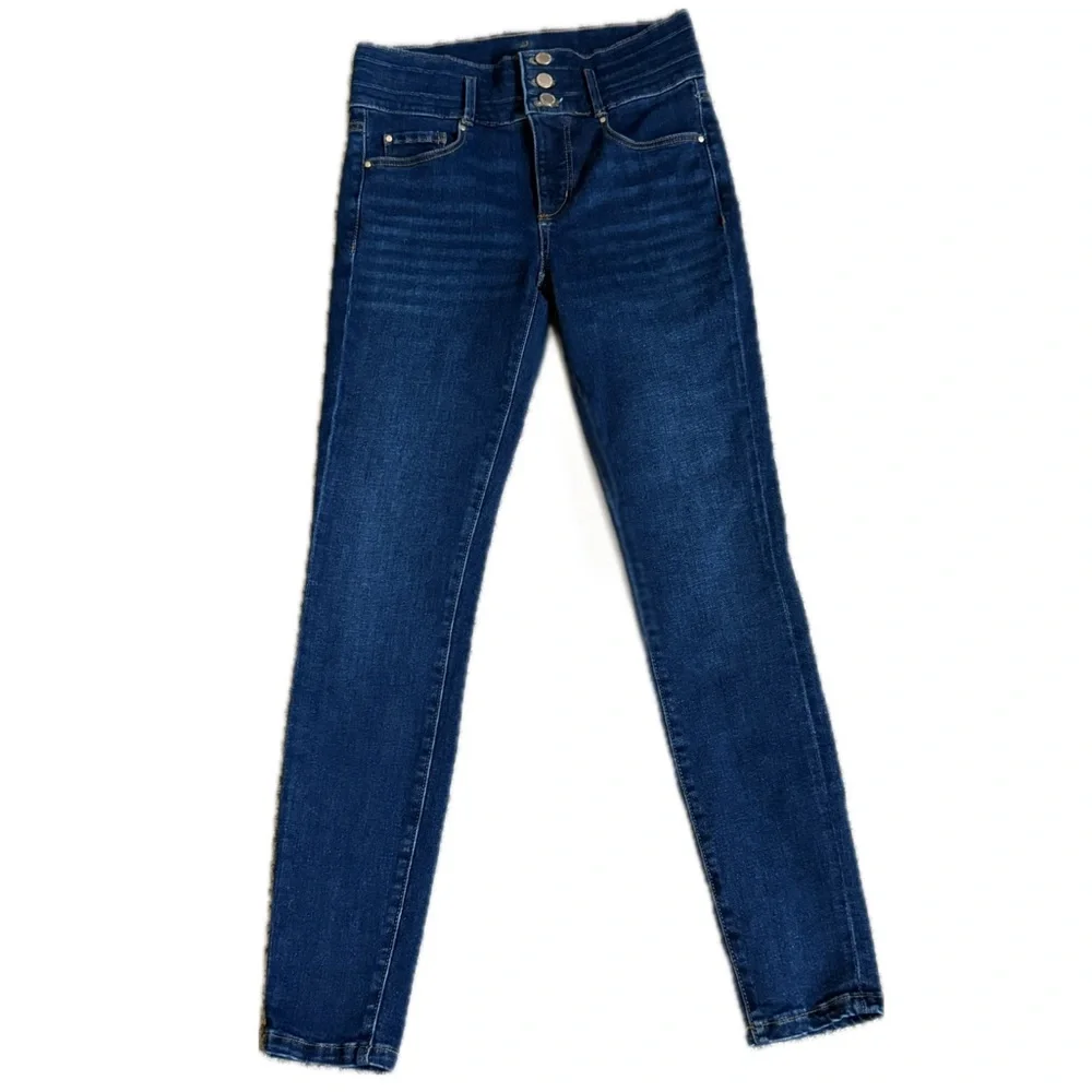 👖🖤 ANN TAYLOR The Skinny Triple Button Dark Wash Mid-Rise Jeans Women’s Sz 2 - Picture 1 of 4